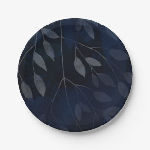 Dark Blue Botanical Leaves Modern Chic Wedding Paper Plates