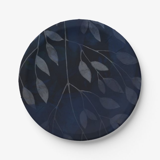 Dark Blue Botanical Leaves Modern Chic Wedding Paper Plates (Front)