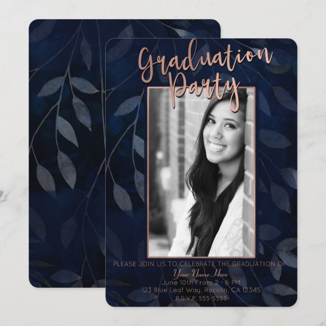 Dark Blue Botanical Leaves Modern Graduation Party Invitation (Front/Back)