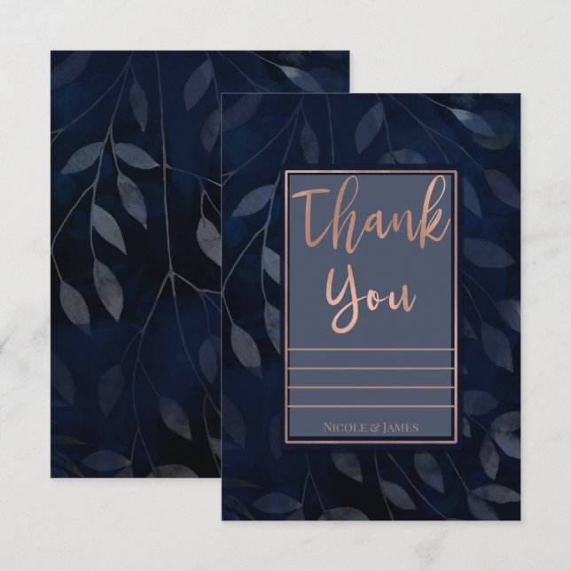 Dark Blue Botanical Leaves Modern Pink Thank You Invitation (Front/Back)