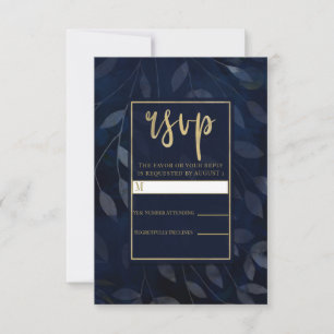 Dark Blue Botanical Leaves Modern Wedding RSVP Card