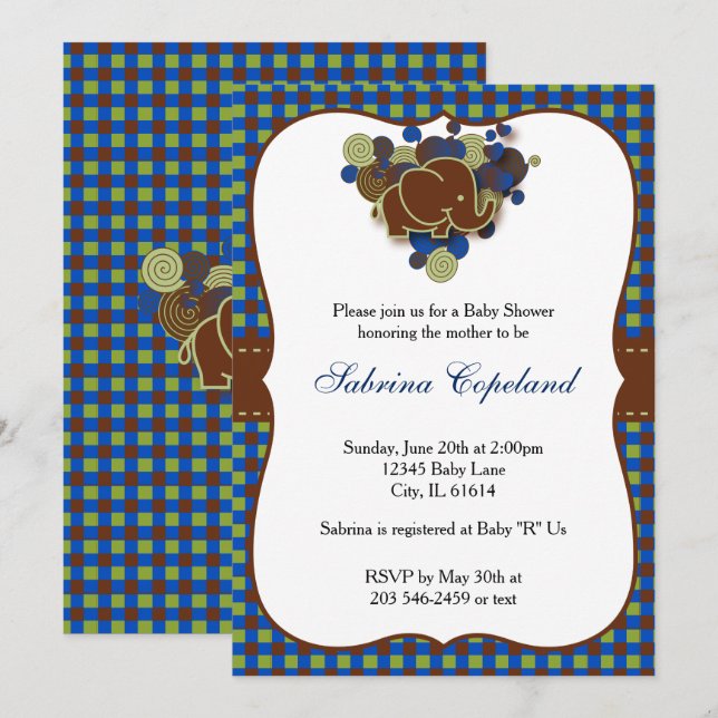 Dark Blue & Brown Baby Elephant | Baby Shower Invitation (Front/Back)