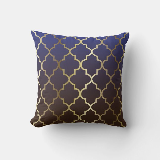 Dark Blue & Brown Blend | Gold Quatrefoil Pattern Throw Pillow (Front)