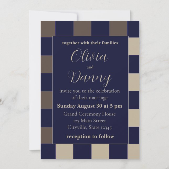 Dark Blue Brown Checkerboard Wedding Invitation (Front)