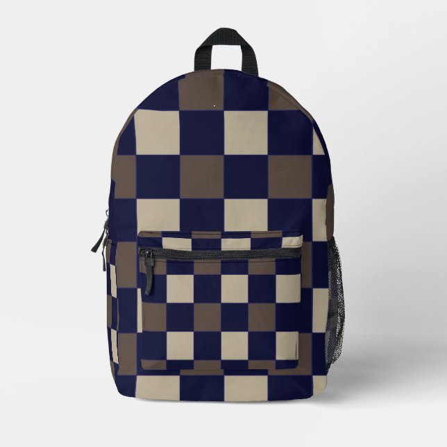Dark Blue Brown Checks Checkerboard Pattern Printed Backpack (Front)