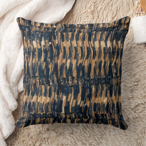 Dark Blue Brown Distressed Wavy Stripe Throw Pillow
