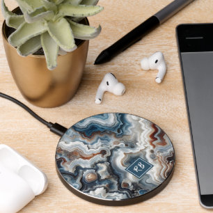 Dark Blue Brown Gray White Quartz Agate Pattern Wireless Charger