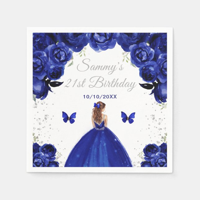 Dark Blue Brown Hair Princess Birthday Party Napkins (Front)