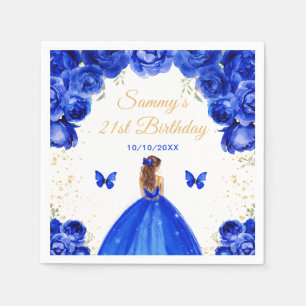 Dark Blue Brown Hair Princess Birthday Party Napkins