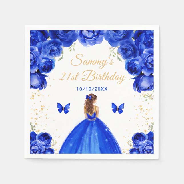 Dark Blue Brown Hair Princess Birthday Party Napkins (Front)