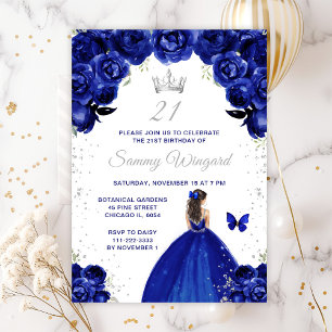 Dark Blue Brunette Hair Princess Birthday Party Invitation