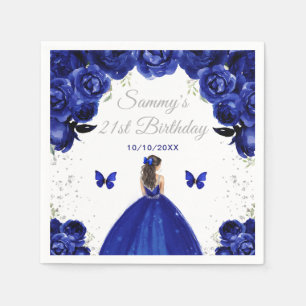 Dark Blue Brunette Hair Princess Birthday Party Napkins