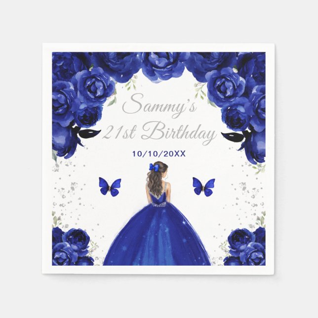 Dark Blue Brunette Hair Princess Birthday Party Napkins (Front)