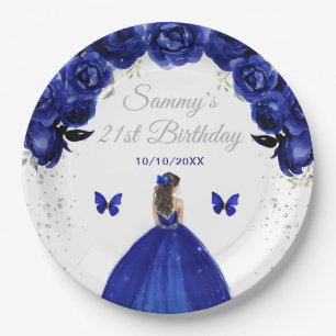 Dark Blue Brunette Hair Princess Birthday Party Paper Plates
