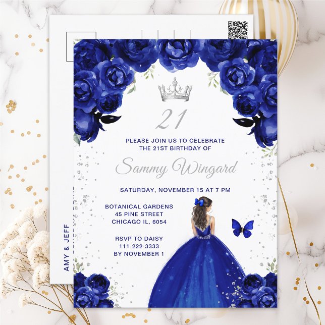 Dark Blue Brunette Hair Princess Birthday Party Postcard (Creator Uploaded)