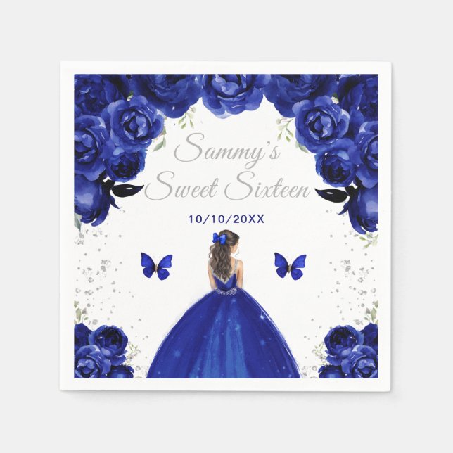 Dark Blue Brunette Hair Princess Sweet Sixteen Napkins (Front)