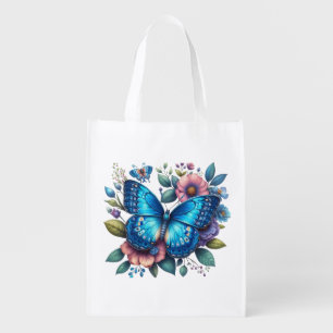 Dark Blue Butterfly laying on top of floral design Grocery Bag