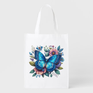 Dark Blue Butterfly laying on top of floral design Grocery Bag