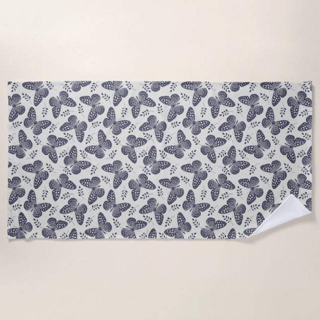 Dark blue butterfly pattern on grey background beach towel (Front)