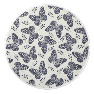Dark blue butterfly pattern on grey background ceramic knob