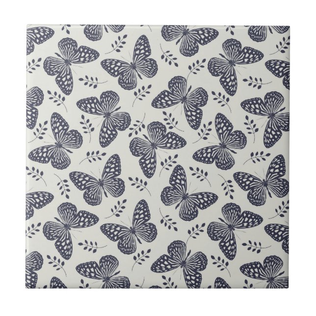 Dark blue butterfly pattern on grey background ceramic tile (Front)