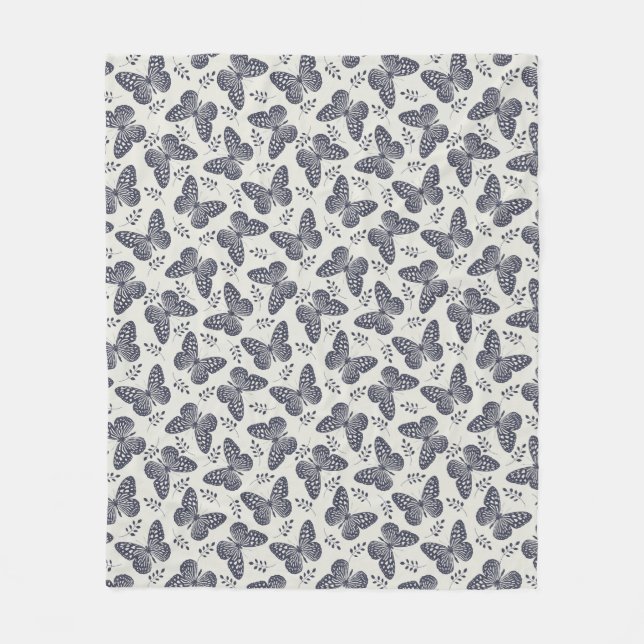 Dark blue butterfly pattern on grey background fleece blanket (Front)