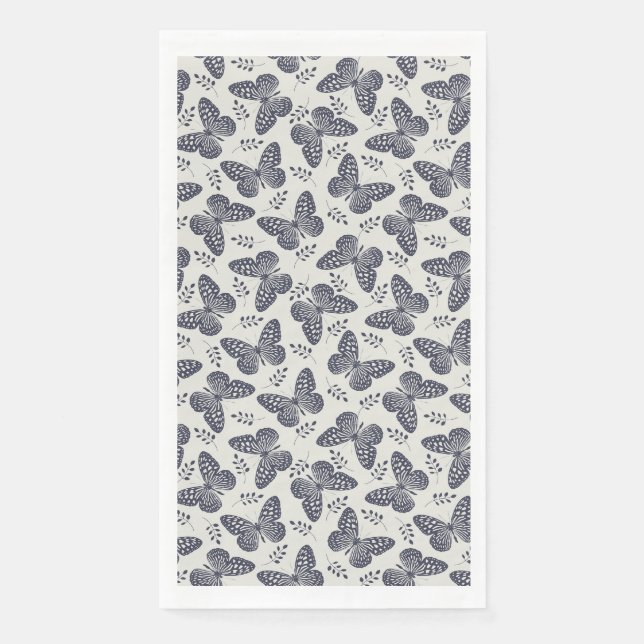 Dark blue butterfly pattern on grey background paper guest towels (Front)