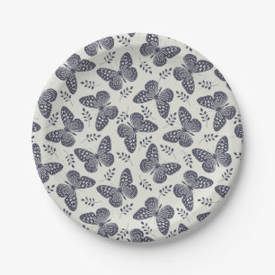 Dark blue butterfly pattern on grey background paper plates