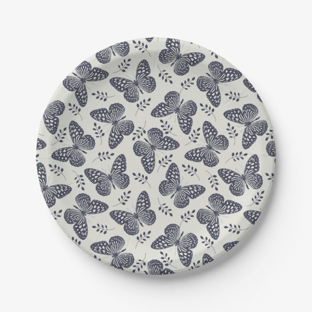 Dark blue butterfly pattern on grey background paper plates (Front)