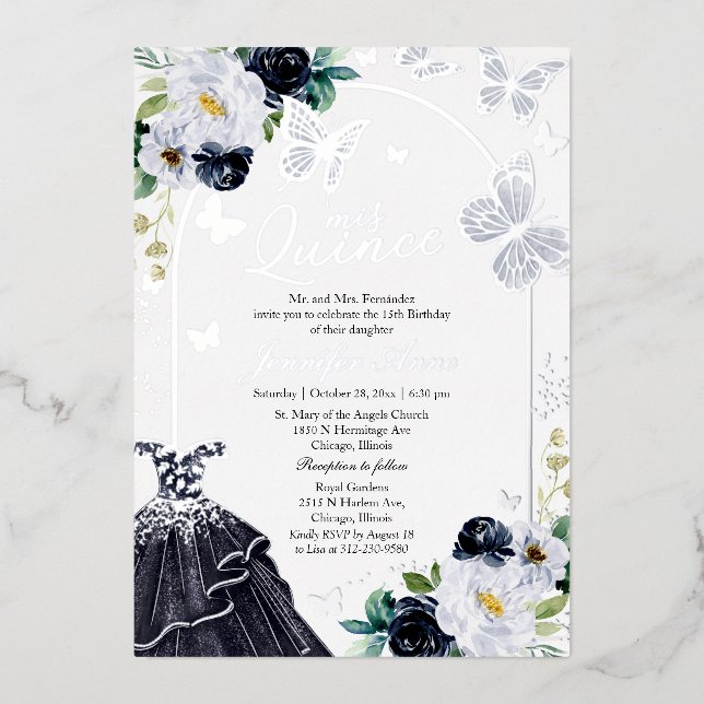 Dark Blue Butterfly Quince Foil Invitation (Front)