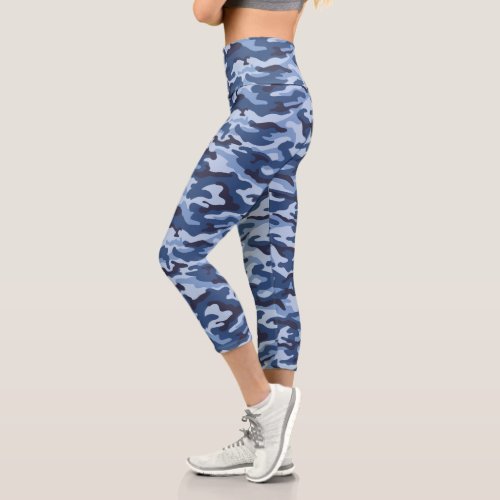 Dark Blue Camouflage Pattern Capri Leggings