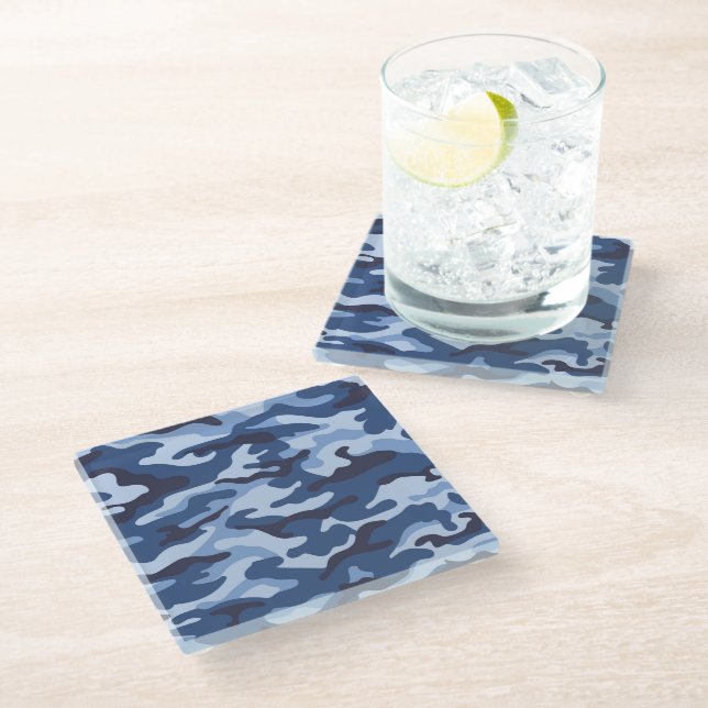 Dark Blue Camouflage Pattern Glass Coaster (Angled)