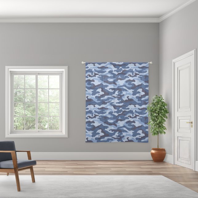 Dark Blue Camouflage Pattern Sheer Curtains (Wide)