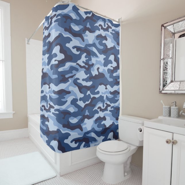 Dark Blue Camouflage Pattern Shower Curtain (In Situ)