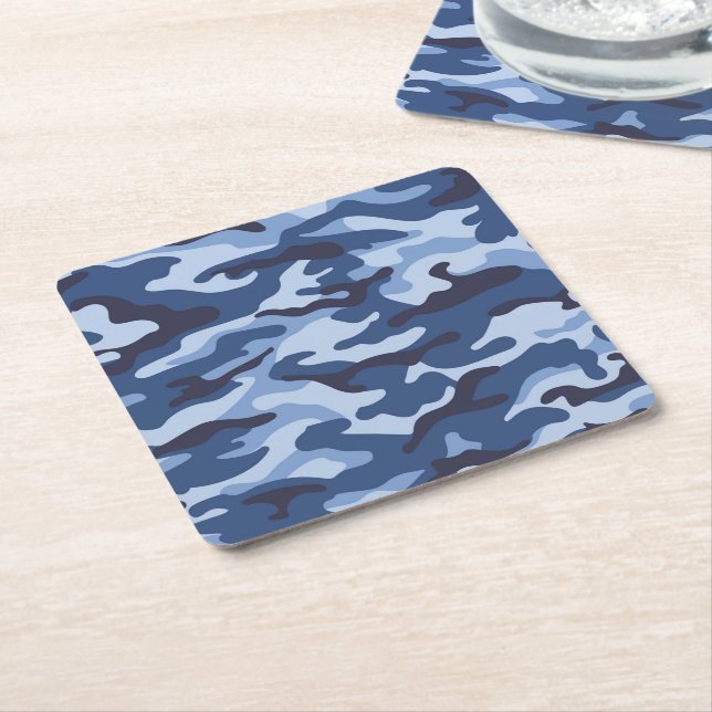 Dark Blue Camouflage Pattern Square Paper Coaster (Angled)
