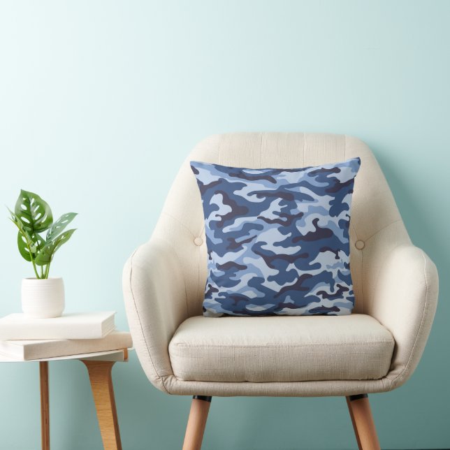 Dark Blue Camouflage Pattern Throw Pillow (Chair)