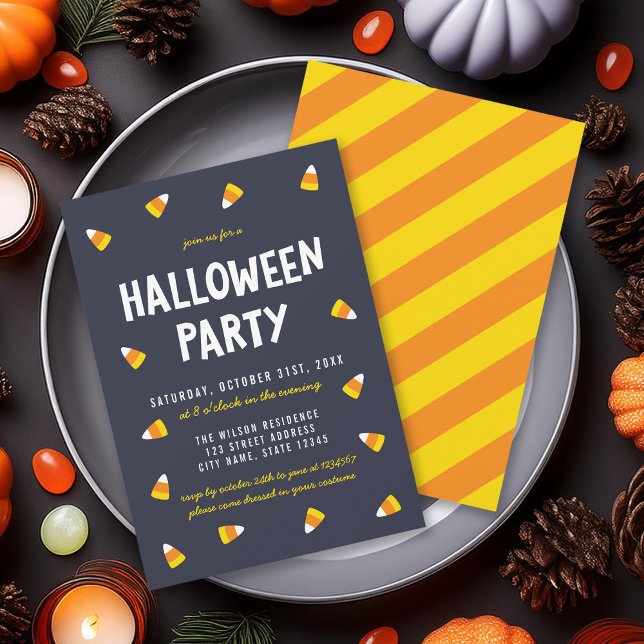 Dark Blue Candy Corn Halloween Party Invitation (Creator Uploaded)