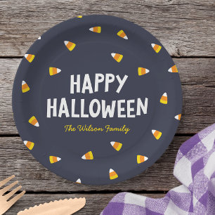 Dark Blue Candy Corn Happy Halloween Paper Plates