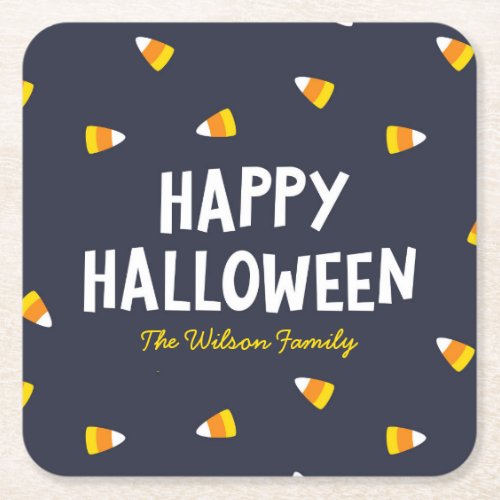 Dark Blue Candy Corn Happy Halloween Square Paper Coaster