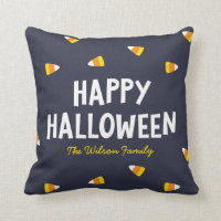 Dark Blue Candy Corn Happy Halloween Throw Pillow
