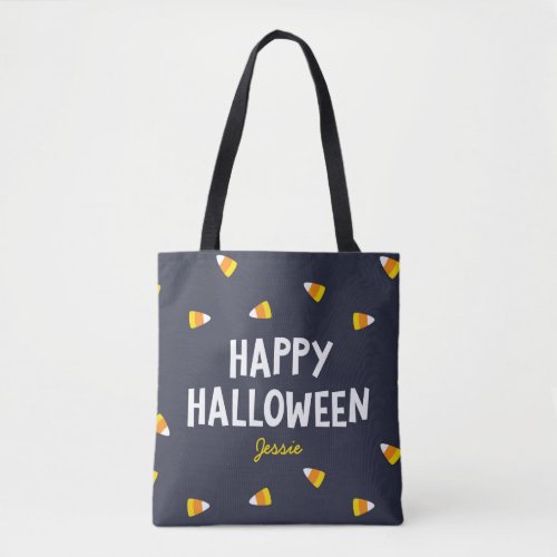 Dark Blue Candy Corn Happy Halloween Tote Bag