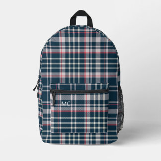 Dark Blue Check Plaid Monogram Initials Printed Backpack