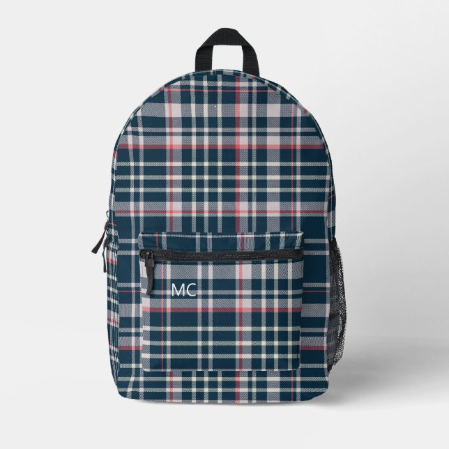 Dark Blue Check Plaid Monogram Initials Printed Backpack (Front)
