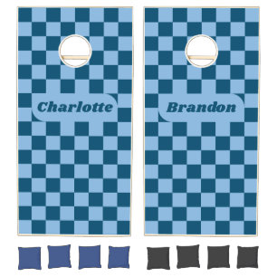 Dark Blue Checker with Names Cornhole Set