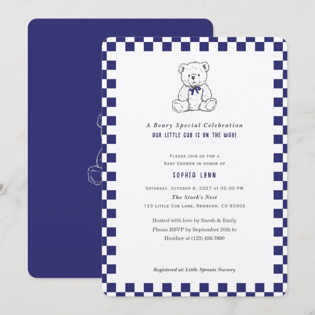 Dark Blue Checkerboard Our Little Cub Baby Shower Invitation (Front/Back)