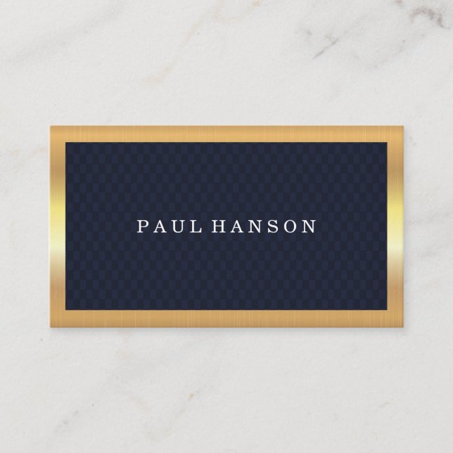 Dark Blue Checkered | Gold Frame Metallic Business Card (Front)