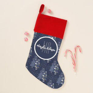 DARK BLUE CHRISTMAS WINTER FOREST MONOGRAM CHRISTMAS STOCKING