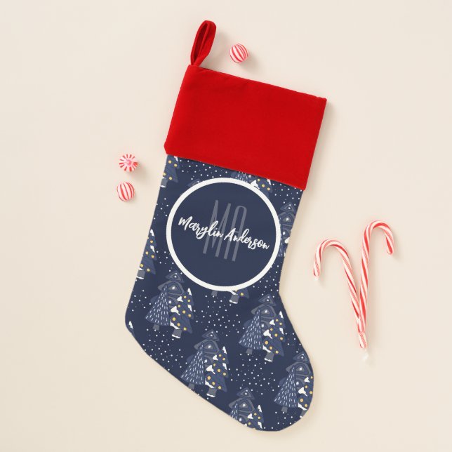 DARK BLUE CHRISTMAS WINTER FOREST MONOGRAM CHRISTMAS STOCKING (Front)