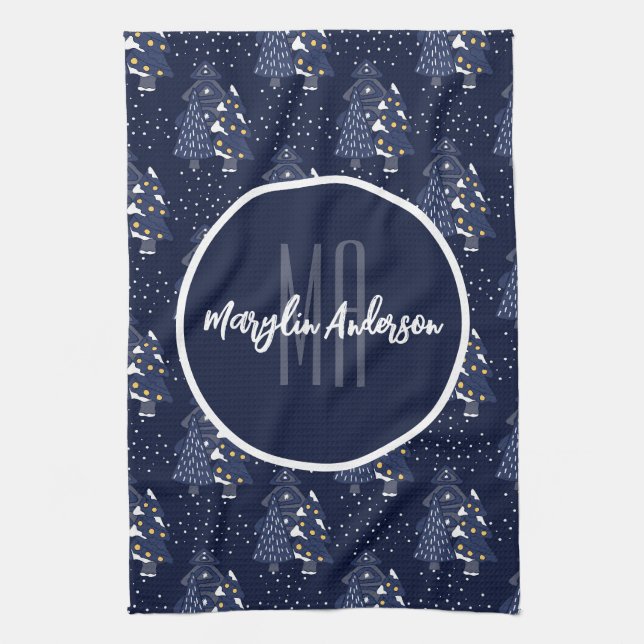 DARK BLUE CHRISTMAS WINTER FOREST MONOGRAM KITCHEN TOWEL (Vertical)