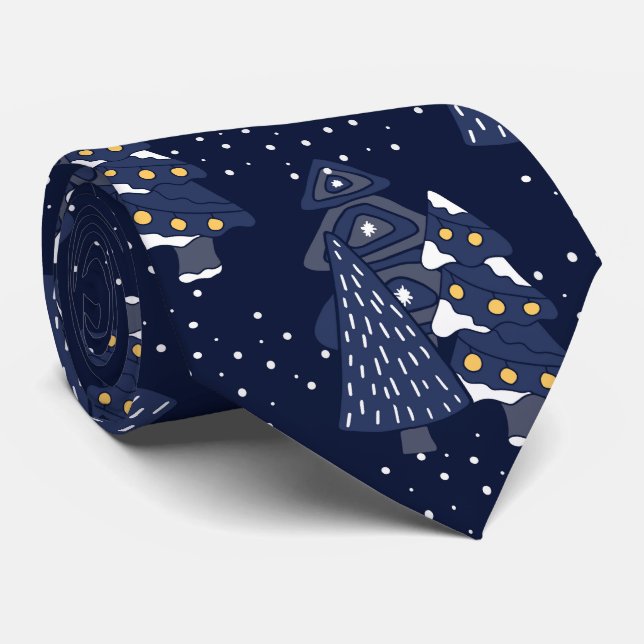 DARK BLUE CHRISTMAS WINTER FOREST MONOGRAM NECK TIE (Rolled)